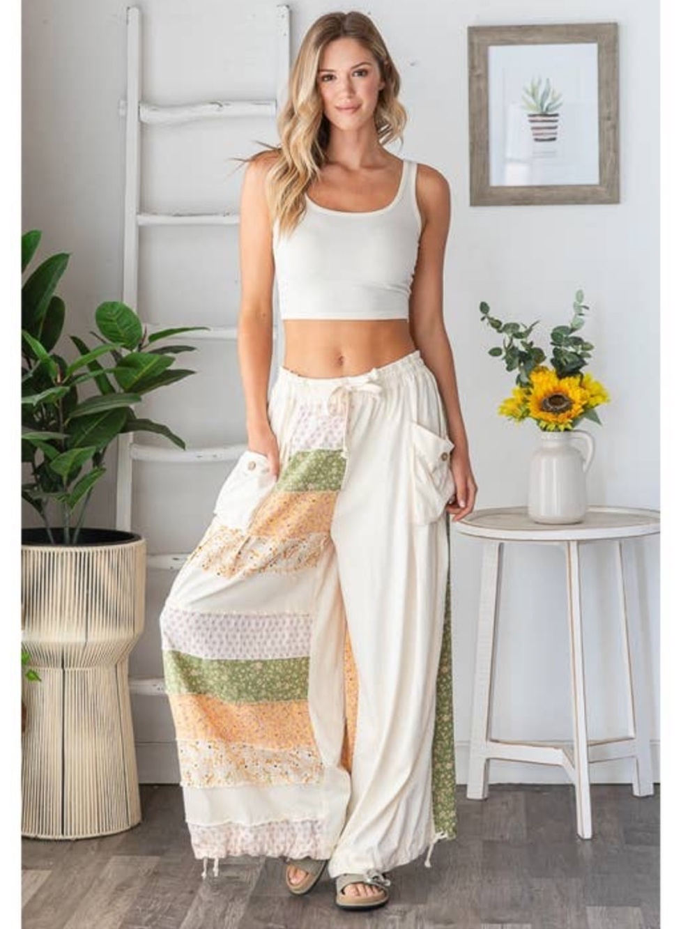 Oli Hali Cream Patchwork Pants | Convertible Wide Leg to Jogger | Coastal Ready